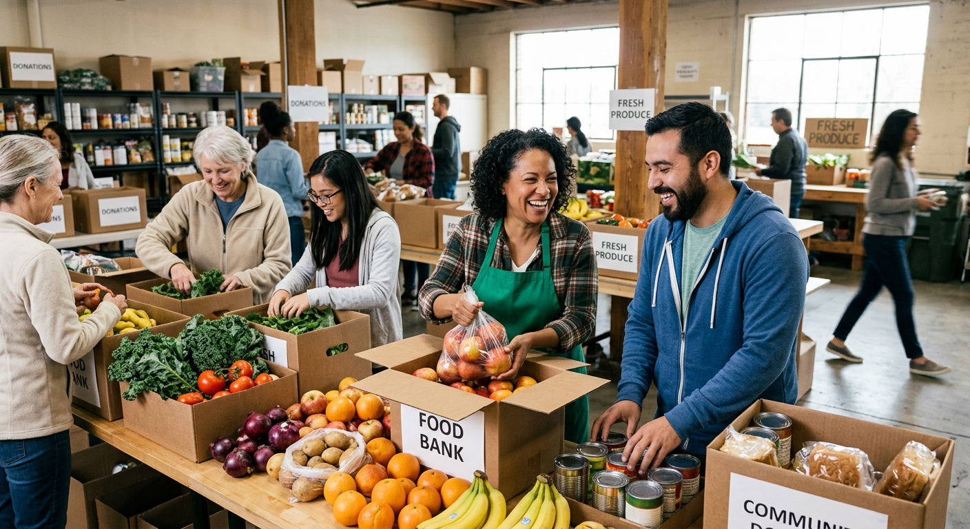 Volunteers sorting fresh produce at a community food pantry