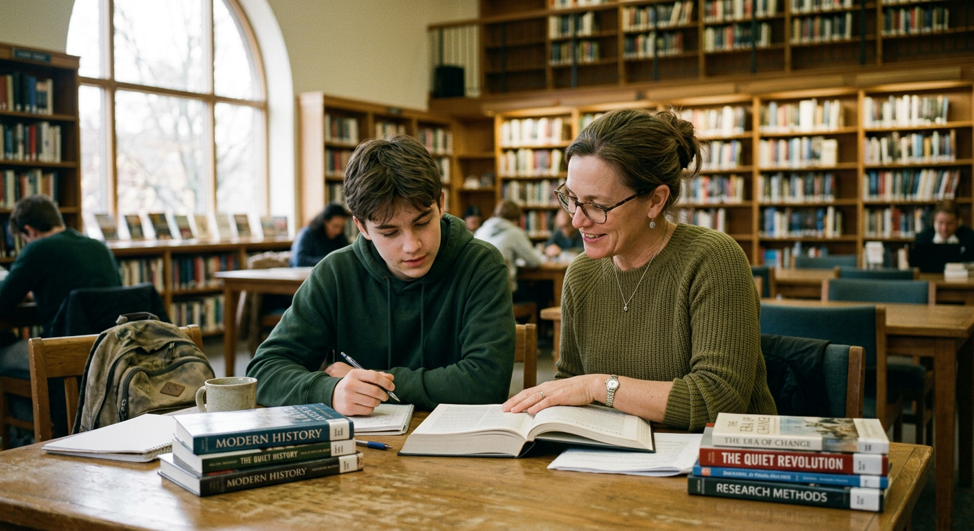 A mentor helping a teenage student study at a library table