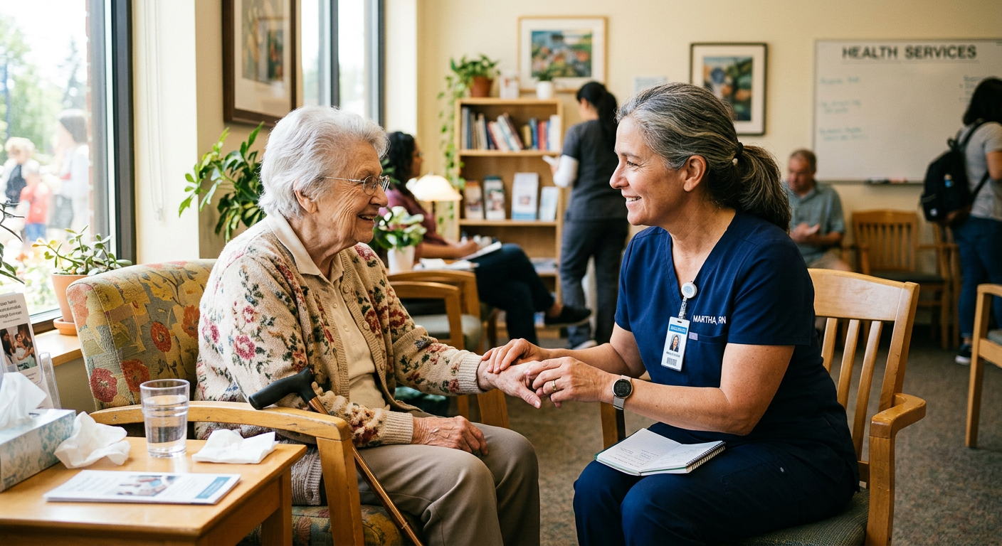 A nurse caring for an elderly woman at a community health clinic